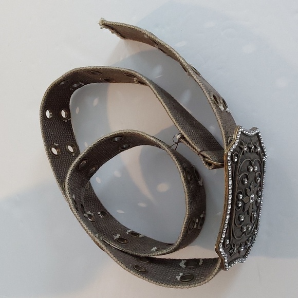 Vintage Dark Tan Double Grommet Belt with Ornate Rhinestone  Buckle Sz.S/ M main image 6